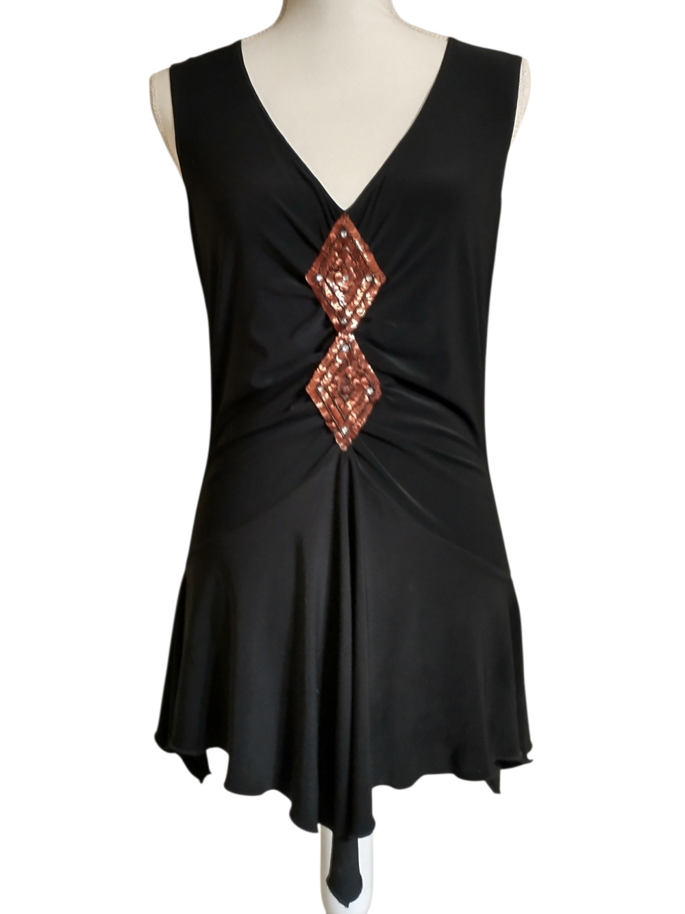 Sleeveless Black V-Neck Top with Copper Sequin Accents
